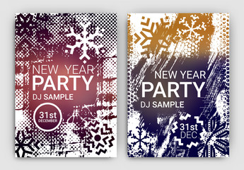 Poster Set for New Year's Eve Party Celebration - Grunge Stylized Snow with geometric snowflake design elements