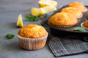 Homemade lemon muffins in black teflon baking dish over grey concrete background. Copy space.
