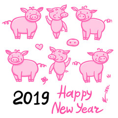 Set of Pigs pink cute doodle pencil hand drawing. Inscription Happy New Year. Chinese year sign piglet 2019. Vector illustration isolated on white background.