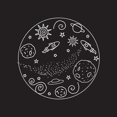 Doodle round sign. White color space. Vector illustration. Planets, UFO, rocket, stars isolated on a black circle background.