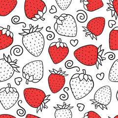 Hand drawing Strawberry Fashion black sketch seamless pattern isolated on white background. Vector illustration print design.