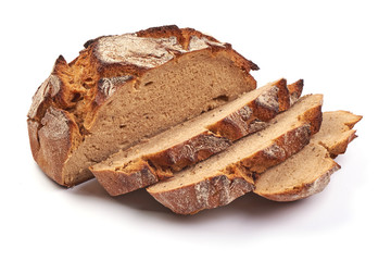 Sliced Freshly Baked Homemade Bread, close-up, isolated on a white background