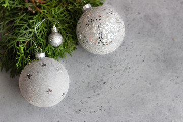 Christmas background, greeting card on grey concrete background. Christmas composition Decoration. Copy space.
