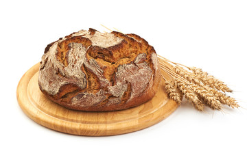 Freshly Baked Homemade Bread on a cutting board, close-up, isolated on a white background