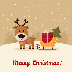 Deer Santa with sleigh, gift and Christmas tree