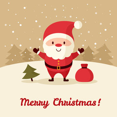 Santa Claus with bag of gifts and Christmas tree