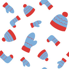vector color red blue hat cap mitten socks clothes simple scandinavian style seamless pattern childish for your paper textile design