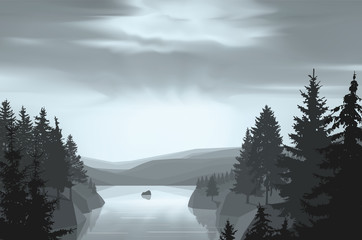 Wild terrain with lake (river) and pine forest. Sunset. Grey tones.