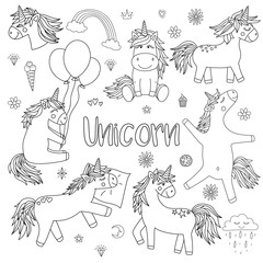 Vector illustration of magical unicorns in black and white. Icon collection of horses, hearts, diamonds, sweets, stars, flowers. Concept of holiday, baby shower, birthday, party, prints, textures.