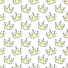 Seamless pattern of hand-drawn shining crowns. Vector background image for holiday, baby shower, girl’s birthday, prints, textures, wrapping paper.