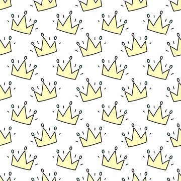Seamless pattern of hand-drawn shining crowns. Vector background image for holiday, baby shower, girl’s birthday, prints, textures, wrapping paper.