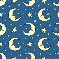 Obraz na płótnie Canvas Seamless pattern of hand-drawn moons and stars. Vector background image for holiday, baby shower, pajamas prints, wrapping paper. Concept texture for sleep.