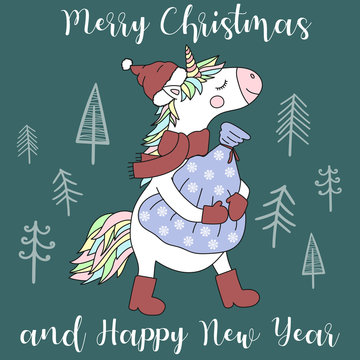 Vector image of a cute unicorn in a hat, scarf and boots with a bag of gifts. Greeting card with the inscription Merry Christmas and a happy new year. The concept of the winter holidays.