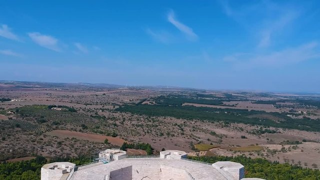 Aerial drone footage view of Castel Del Monte in Puglia in Italy