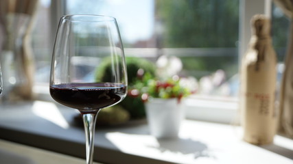 glass of white wine on table in garden