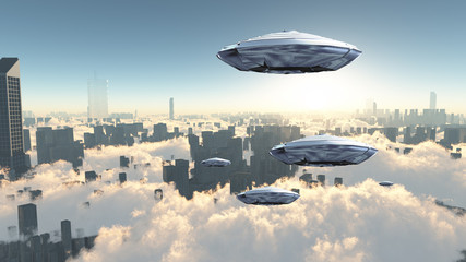 Fototapeta na wymiar Spacecrafts over city