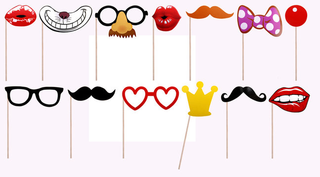 Cardboard masks for the party. The image of a professor, a princess, a clown. Crown, nose, bow, mustache, glasses, lips, smile.
