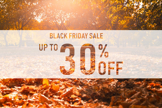 Black friday sale up to 30% off text over colorful fall leaves background. Word Black friday with colorful leaves. Creative nature concept. 30% off discount promotion sale poster, banner, ads