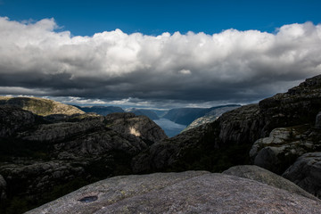 A beautiful landscape with a big mountains and fjord