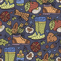 Naklejka premium Cozy fall vector illustration. Autumn doodle detailed illustration.