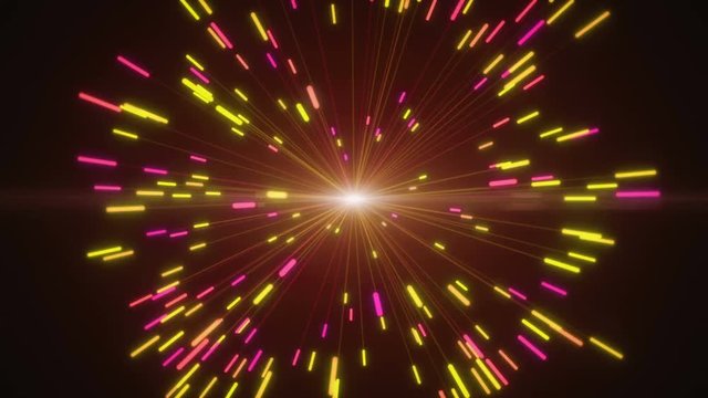 Abstract explosions of digital neon fireworks in a yellow and purple retro color