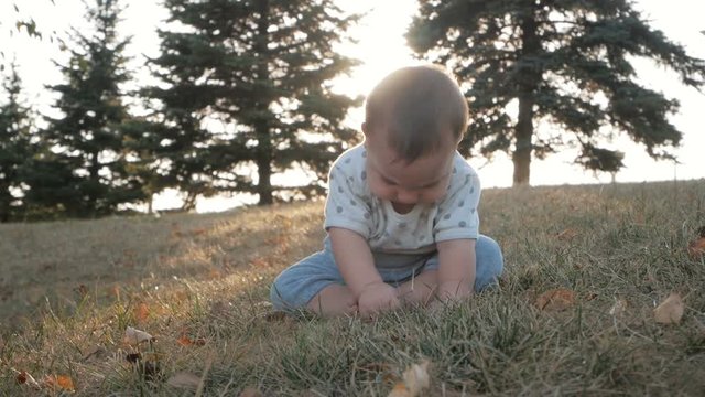Small baby girl sitting on grass in park. Beautiful infant baby girl portrait in nature
