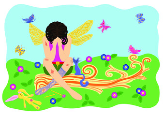 Obraz na płótnie Canvas The wounded fairy cries. The fairy sits on a fallen tree. Vector illustration