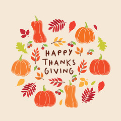 Happy Thanksgiving Day card. Background with autumn leaves, pumpkins and berries. Vector illustration.