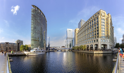 Fototapeta na wymiar Canary wharf riverside inland bay panoramic view, London, United Kingdom.
