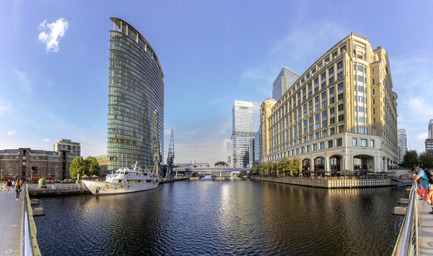 Canary wharf riverside inland bay panoramic view, London, United Kingdom.