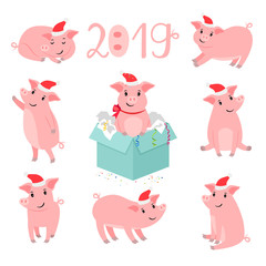 Obraz premium Pig new year character. Christmas pigs portrait vector illustration, winter cute pink pork pet isolated on white background