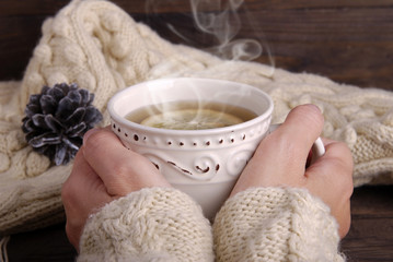 Female hands hold a cup with hot tea.
