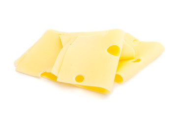 Käsescheiben Käse scheiben mit Loch isoliert auf weißen Hintergrund