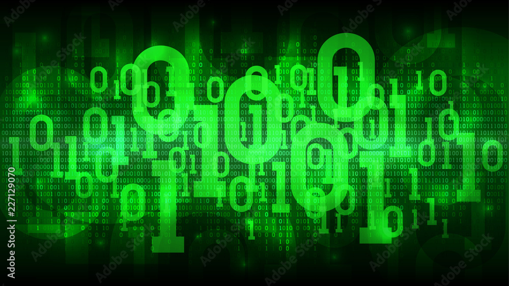 Poster abstract futuristic cyberspace with binary code, matrix green background with digital code, cloud of