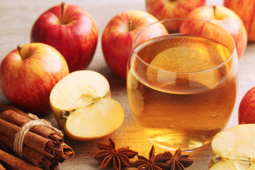A glass with juice and apples