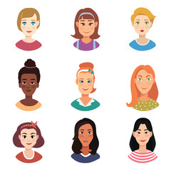 Woman faces icon. Flat  illustration all kinds of race. Vector set of female icons. Woman  avatars collection. Cute people 