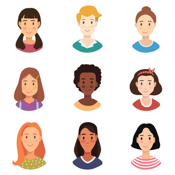 Woman faces icon. Flat  illustration all kinds of race. Vector set of female icons. Woman  avatars collection. People