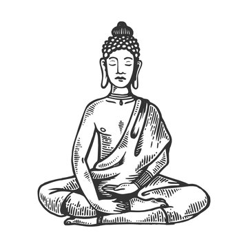 Meditating buddha in Lotus position engraving vector illustration. Scratch board style imitation. Black and white hand drawn image.