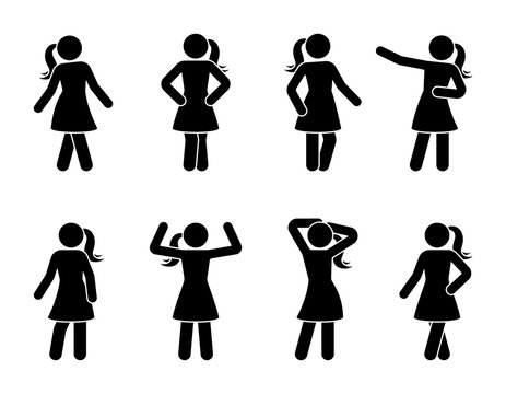 Stick figure women posing icon set. Standing young lady front view posture pictogram