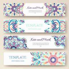 Set of ethnic ornament banners and flyer concept. Vintage art traditional, Islam, Arabic, Indian, ottoman motifs, elements. 