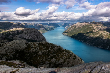 A beautiful landscape with a big mountains and fjord