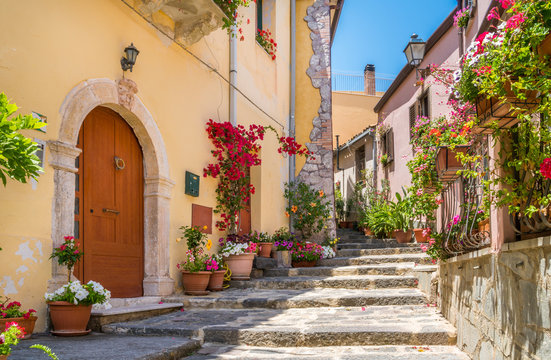 Fototapeta Scenic view in Forza d'Agrò, picturesque town in the Province of Messina, Sicily, southern Italy.