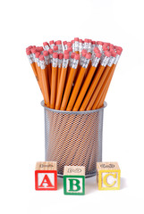Wood Pencils With Erasers In A Wire Holder