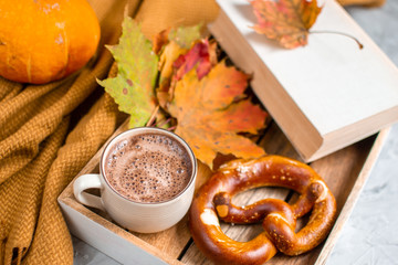 Tea Cup with Coffee Autumn Time Bakery Pretzel Toned Photo Knitting Scarf Blanket Yellow Leaves Gray Background