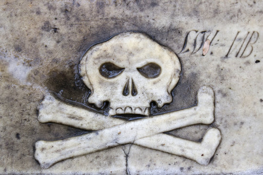 Skull and crossbones on a stone plate