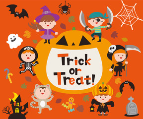 Set of halloween sign, symbol, objects, items and cute cartoon children. Vector 8 EPS.
