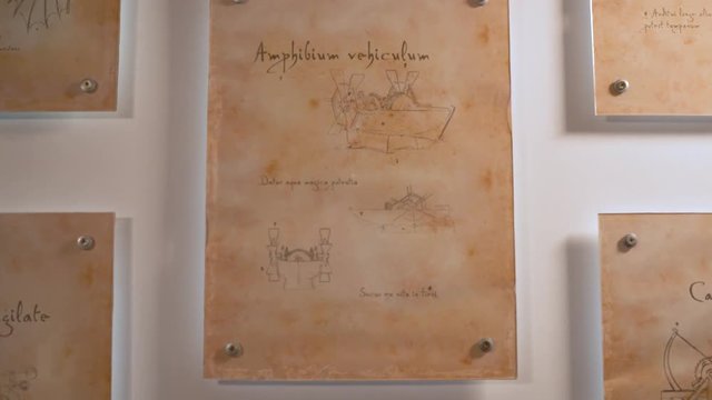 Leonardo's Da Vinci engineering drawing inventions sketch on the wall in the museum