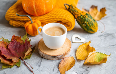 Tea Cup with Coffee Autumn Time Bakery Pretzel Toned Photo Knitting Scarf Blanket Yellow Leaves Gray Background