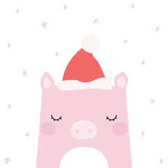 New year card with cute pig. Holiday print. Vector hand drawn illustration.
