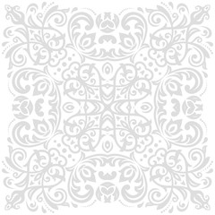 Oriental vector pattern with arabesques and floral elements. Traditional classic light silver ornament. Vintage pattern with arabesques